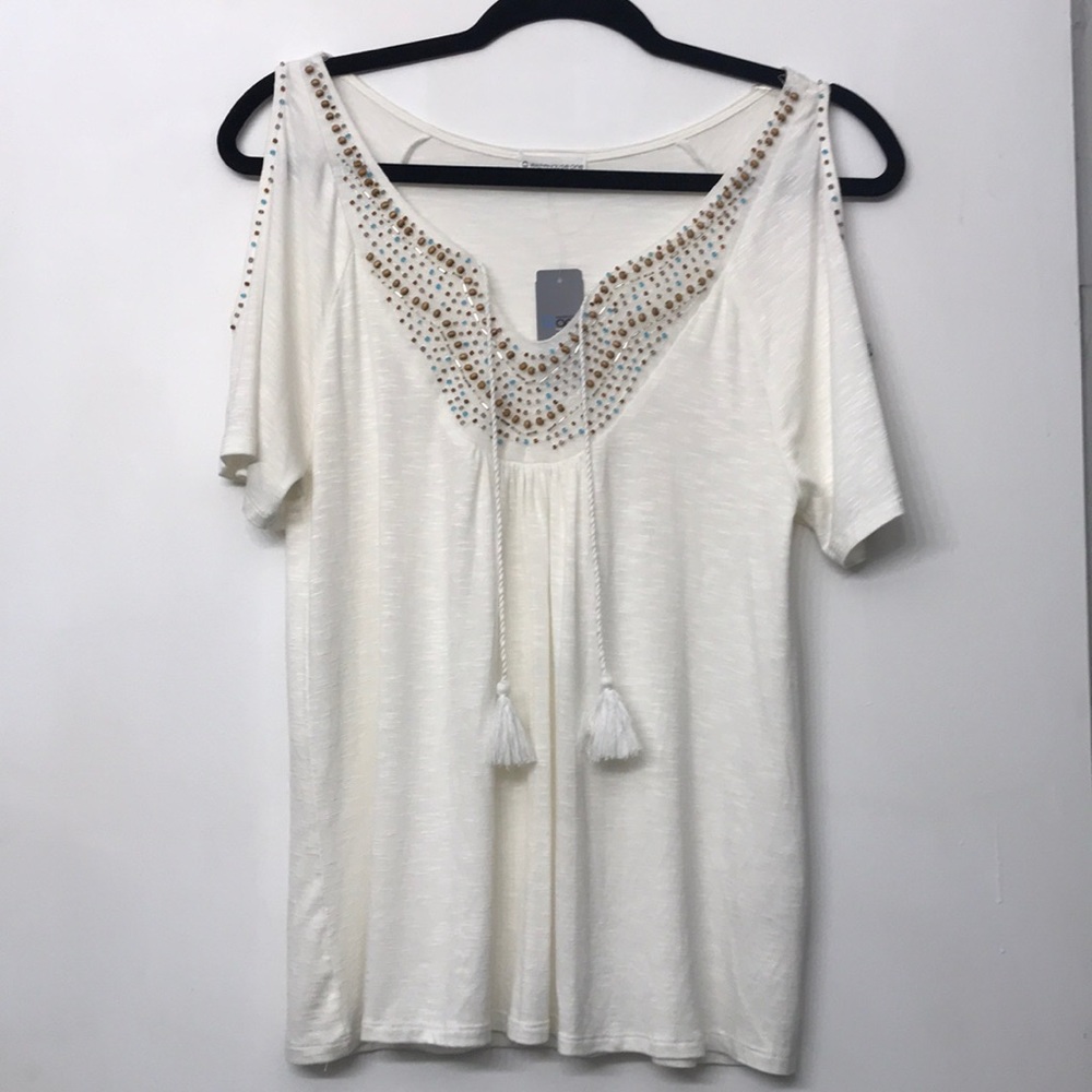 Beaded Cold Shoulder Top